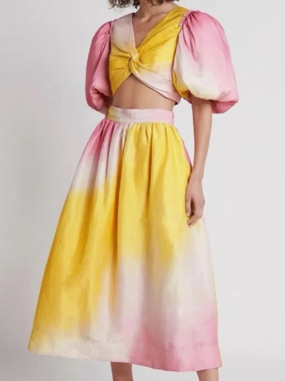 AJE CLOUD BURST CROPPED TOP & MIDI SKIRT SET OMBRE PINK & YELLOW
